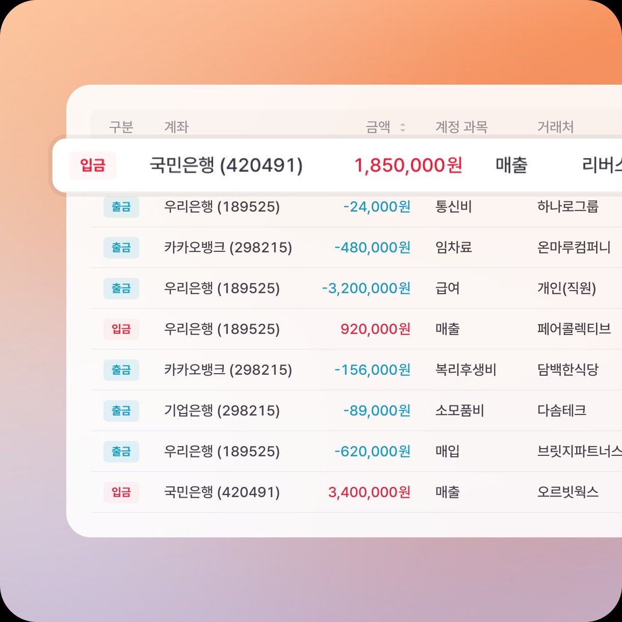 연동 계좌 전체의 거래가 계정과목·거래처와 함께 한 목록에 표시된 화면