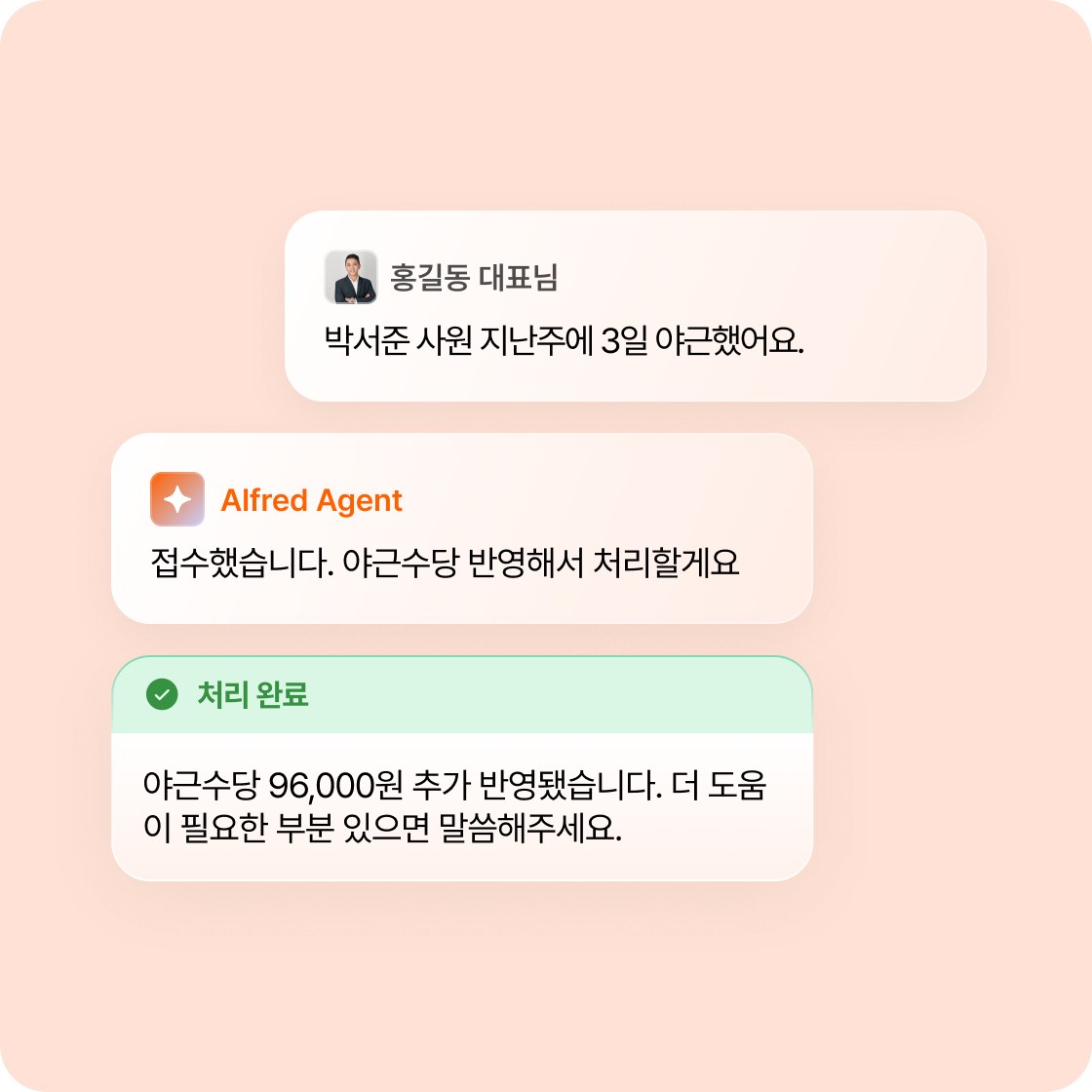 대표가 채팅으로 야근 사실을 전하자 알프레드가 야근수당을 반영해 처리한 화면