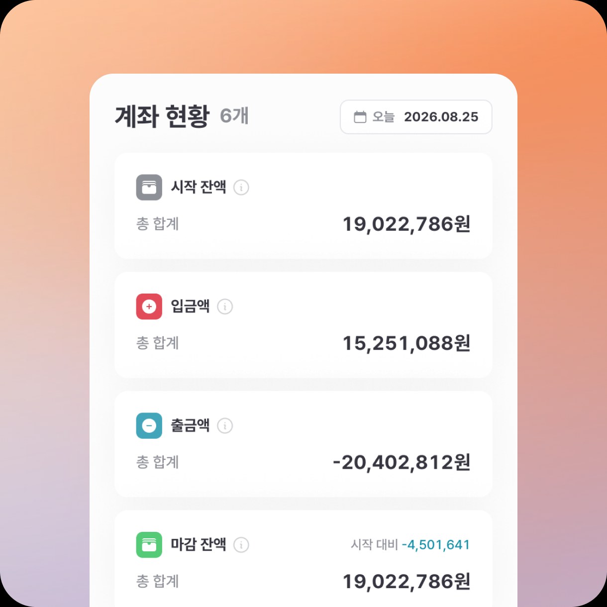 전 계좌 잔액 합계와 일별 입출금 추이를 보여주는 자금 현황 화면
